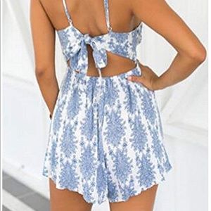 Blue and white patterned romper
